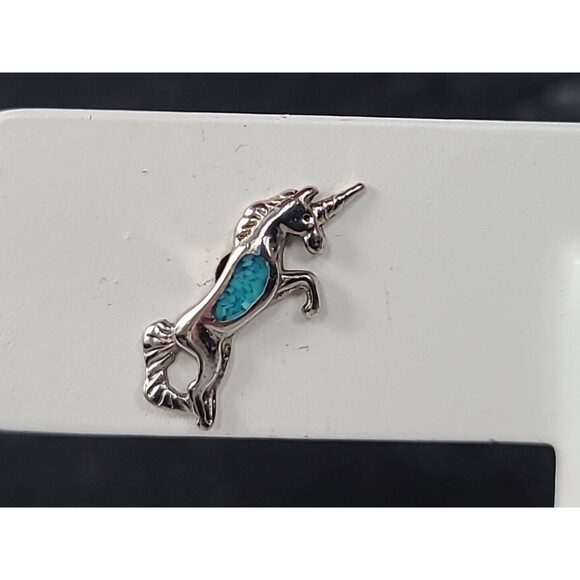 Unicorn Faux Turquoise Silver Tone Stud Earrings Vintage - Picture 5 of 10